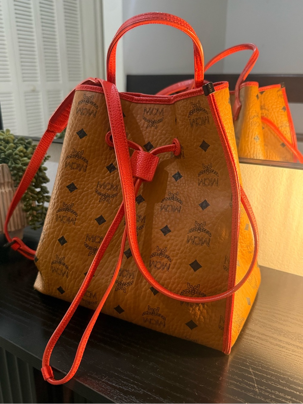 MCM Cognac Visetos Bucket Bag with Red Trim - Picture 2 of 10